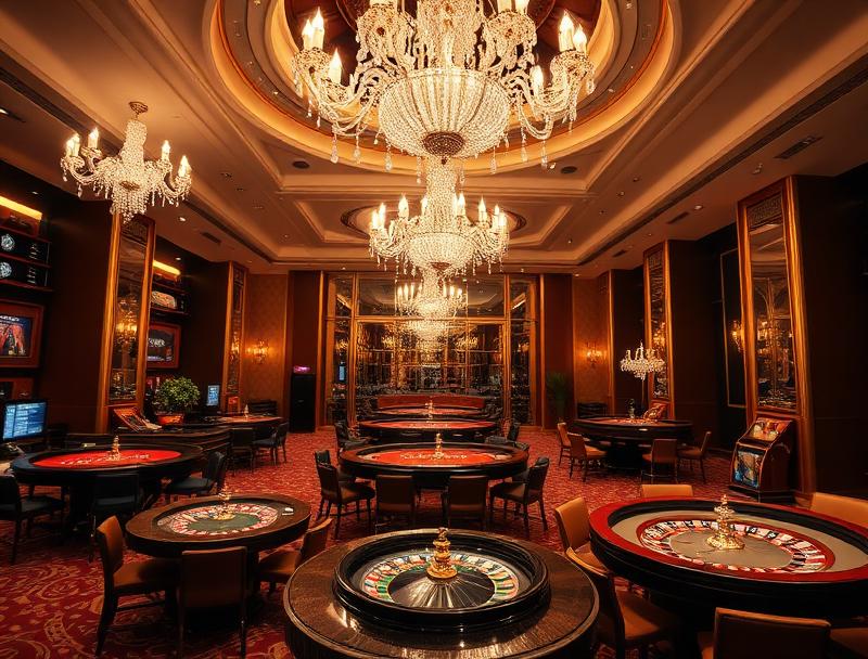 Luxury casino interior with crystal chandeliers